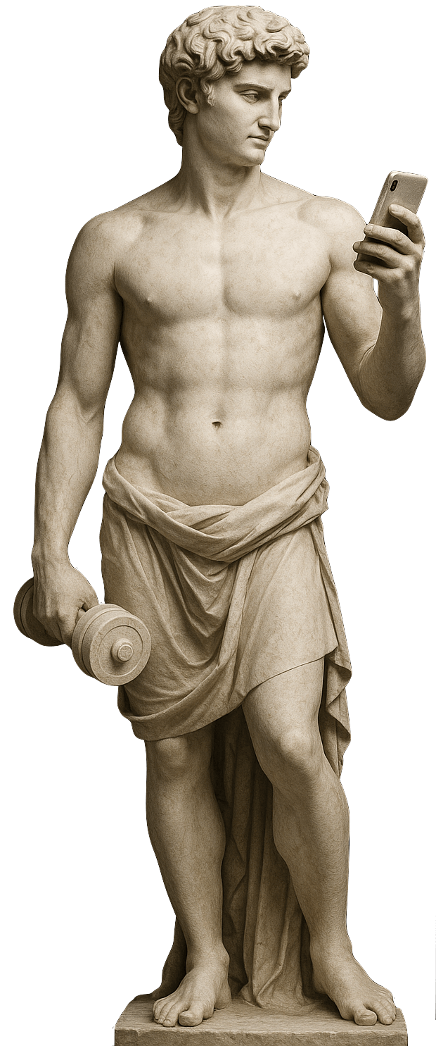 Neoclassical sculpture holding a phone and dumbbell